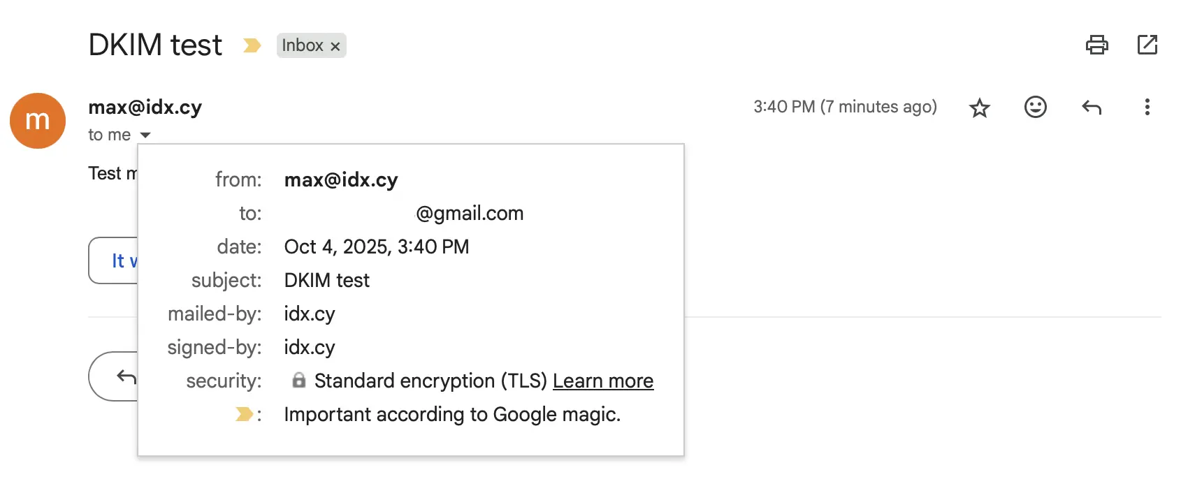 Gmail received the message and shows TLS standard encryption lock icon